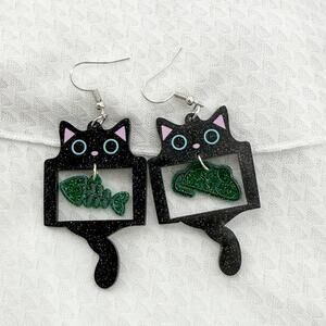Funny X-Ray Black Cat Acrylic Earrings: Quirky Mismatched Cat Lover Gift
